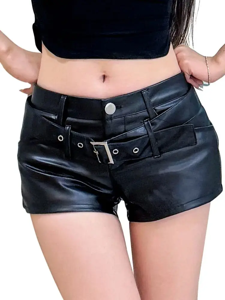 

New In Now Low Rise Women's Shorts Faux Leather Night Club Shorts Fashion Waist Belt Hot Girl Dance Clothing Skinny Short Pants