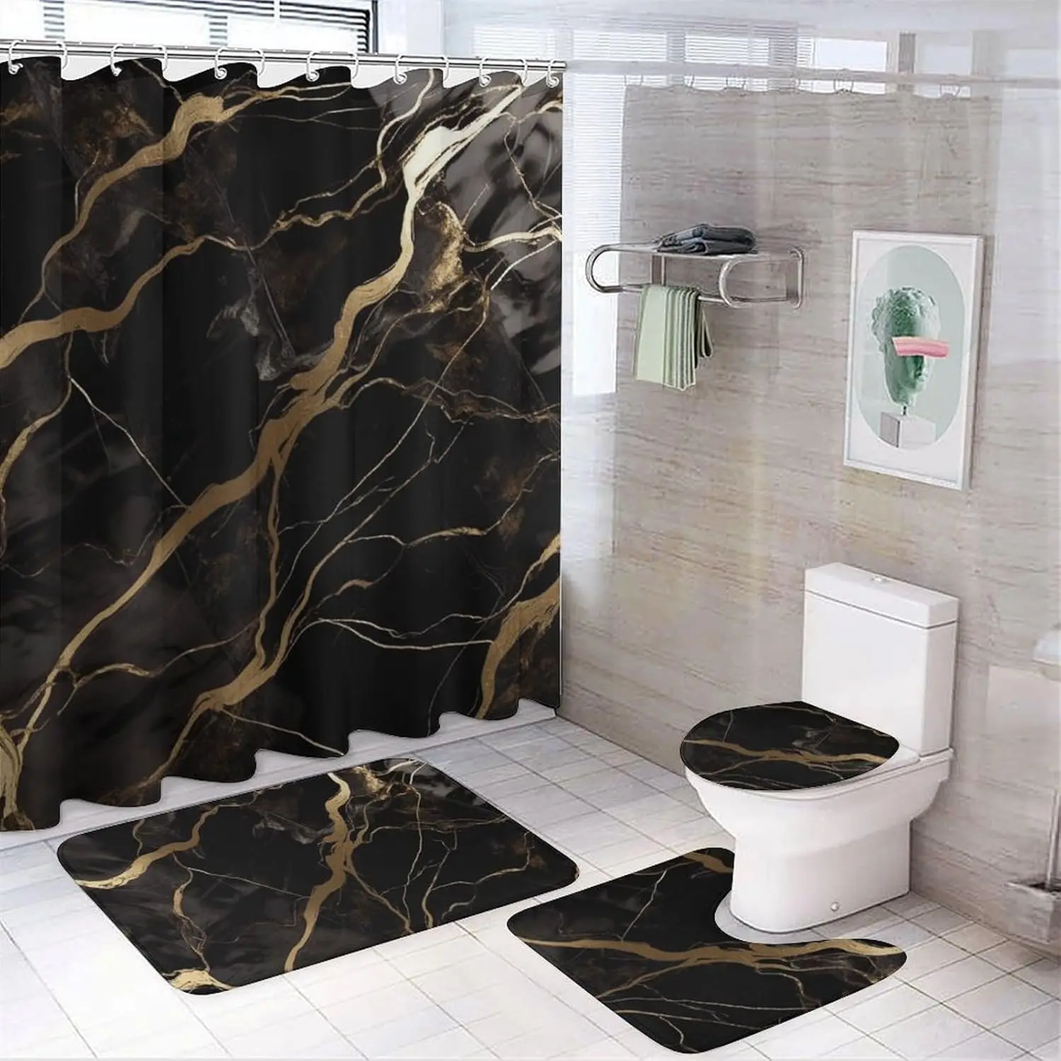 

Набор занавесок для душа из черного золота и мрамора, состоящий из 4 предметов с нескользящими ковриками, крышкой унитаза и ковриком для ванной, мягким водонепроницаемым ковром для ванной комнаты