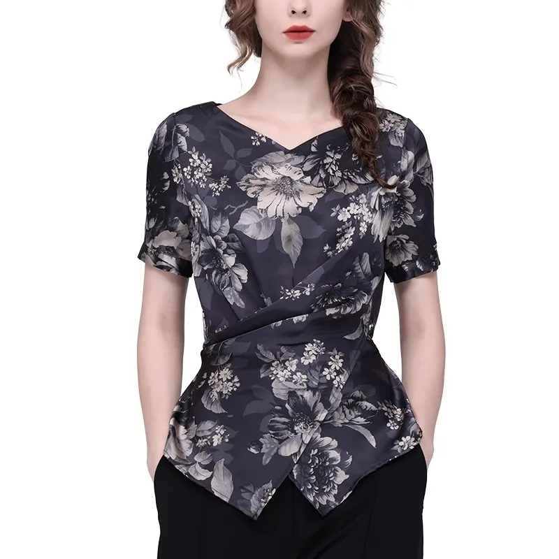 เสื้อผู้หญิงลายดอกไม้สไตล์วินเทจ ผ้าซาติน แขนสั้น คอวี ดีไซน์ไขว้ แฟชั่นลำลอง