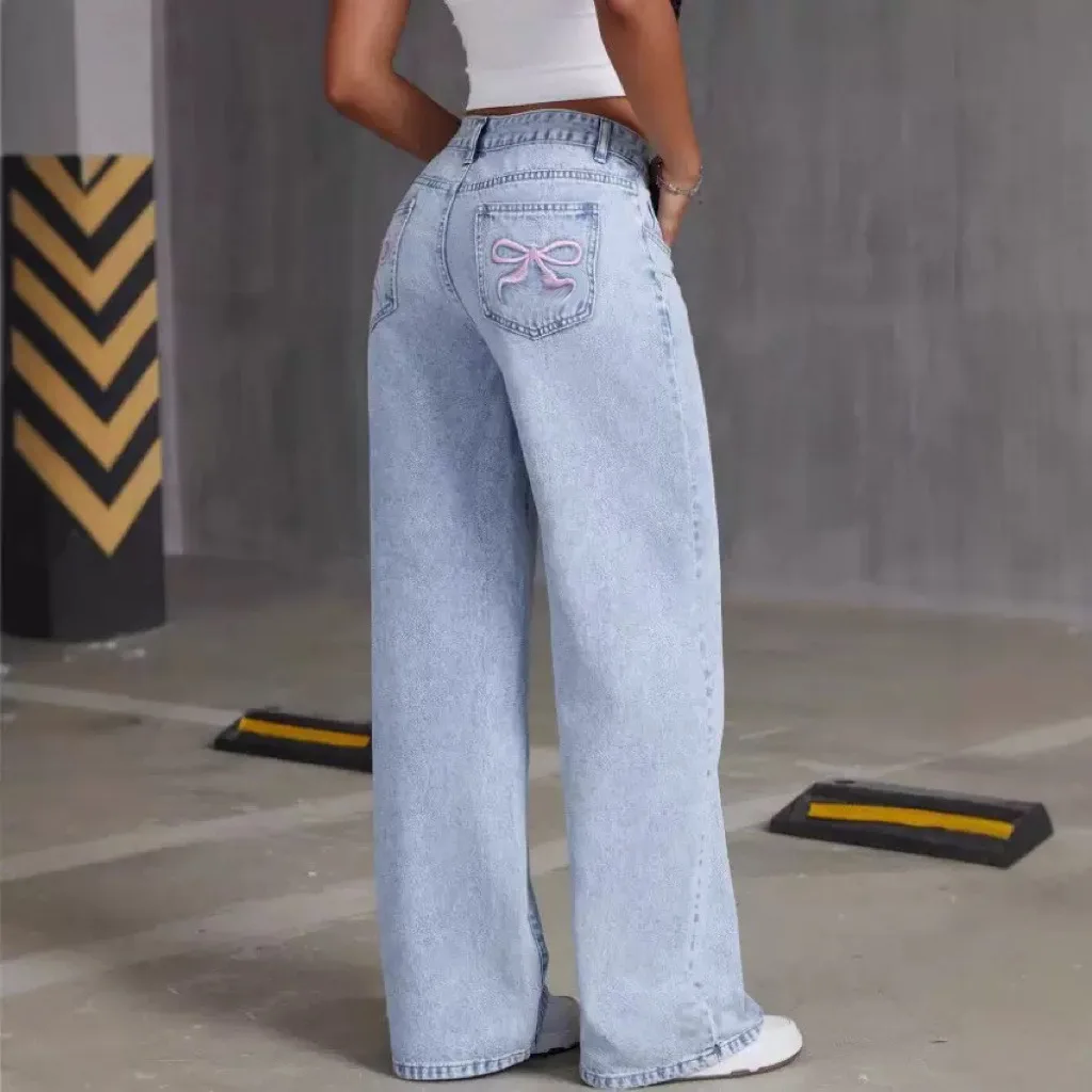 

High Waist Loose Fit Embroidered Denim Jeans for Women with Bow Tie Casual Sle Stand Cut No Stretch Cotton Fabric