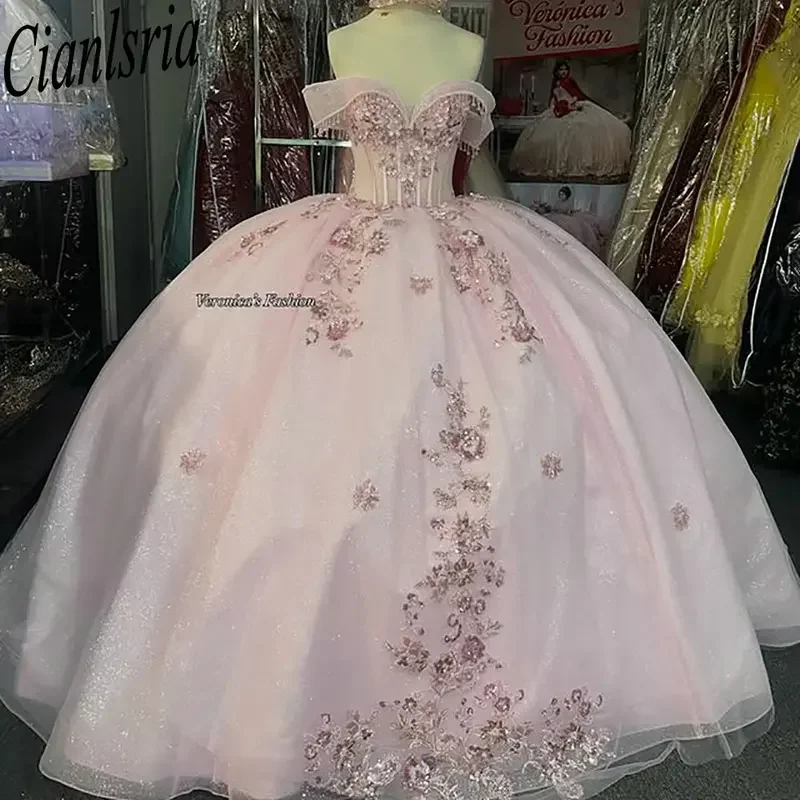 

Pink Off The Shoulder Quinceanera Dresses Ball Gown Beading Tassel Sequined Appliques Lace Sweet 15 Años Mexican Customized