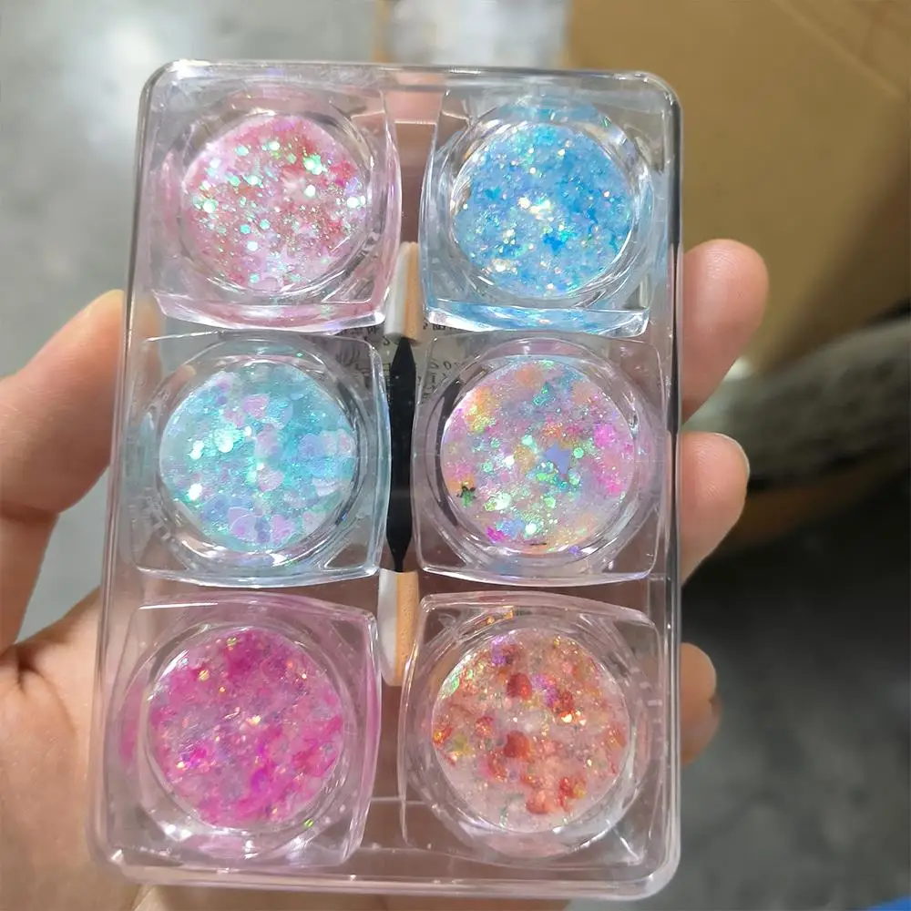 6個入り クリスマス フェイス アイ ネイル グリッター スパンコール ミックス ハート スター バタフライ 六角形 フレーク アイシャドウ ボディ ネイルアート デコレーション用