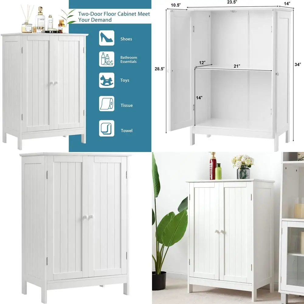 

Contemporary Wooden Freestanding Cabinet with Double Doors and Shelf, White, Ideal for Living Room and Bathroom Storage