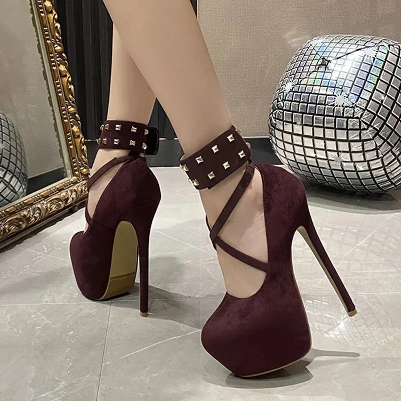 

Super Heel Fashion Metal Rivets Ankle Strap Extreme High Heels for Women Wedding Party Sexy Shoes Platform Pumps Sandals