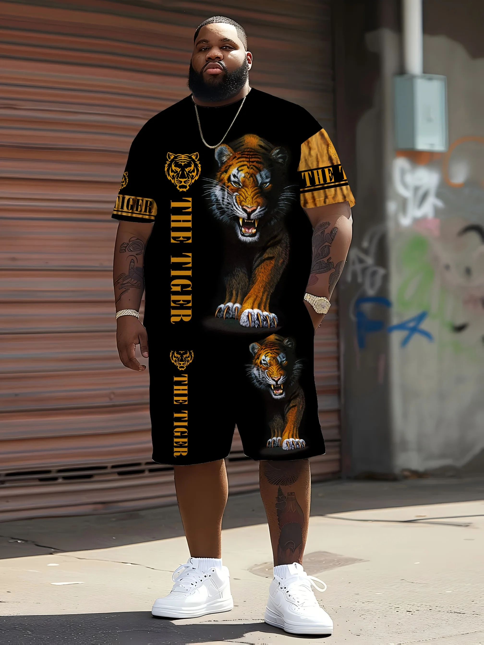 

Summer men's casual round neck breathable T-shirt shorts set cool tiger pattern summer outdoor plus size two-piece set