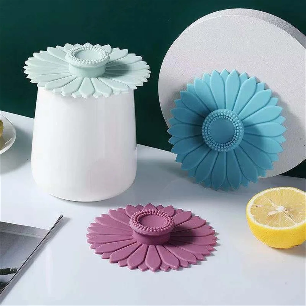 

1pcs Sunflower Food Grade Silicone Cup Lid Dustproof Leakproof Cup Cover Reusable Mug Cover Sealed Cover Suction Coffee Tea Lids