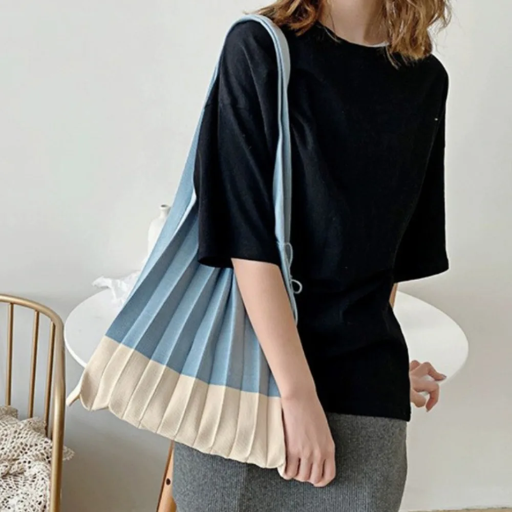 ハンドバッグ ニット折りたたみショッピングバッグ 大容量 環境に優しい 折りたたみ式 エコバッグ ショルダーポーチ コントラストカラー プリーツバッグ 旅行