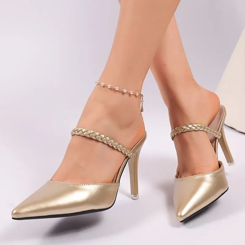 Damen Metallic-Gold Spitz-Zehen Mule Pumps, Geflochtener Riemen Stiletto High Heel Rückenfreie Slip-On Party-Kleidschuhe