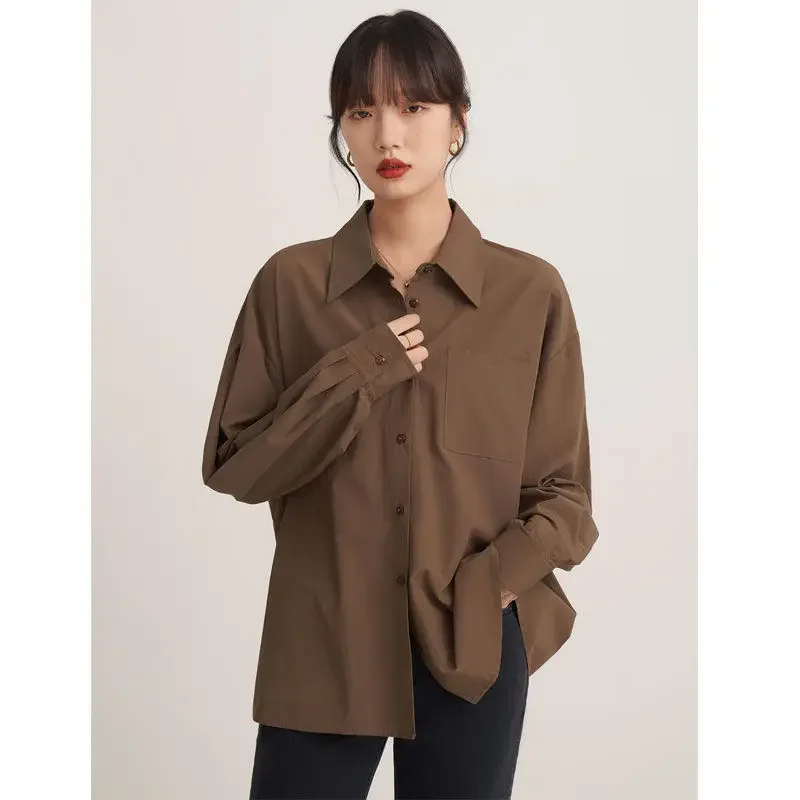 Deeptown Vintage Brown Shirts Women Blouses Office Wear Long Sleeve Elegant Ladies Casual Korean Fashion Loose Autumn Shirts