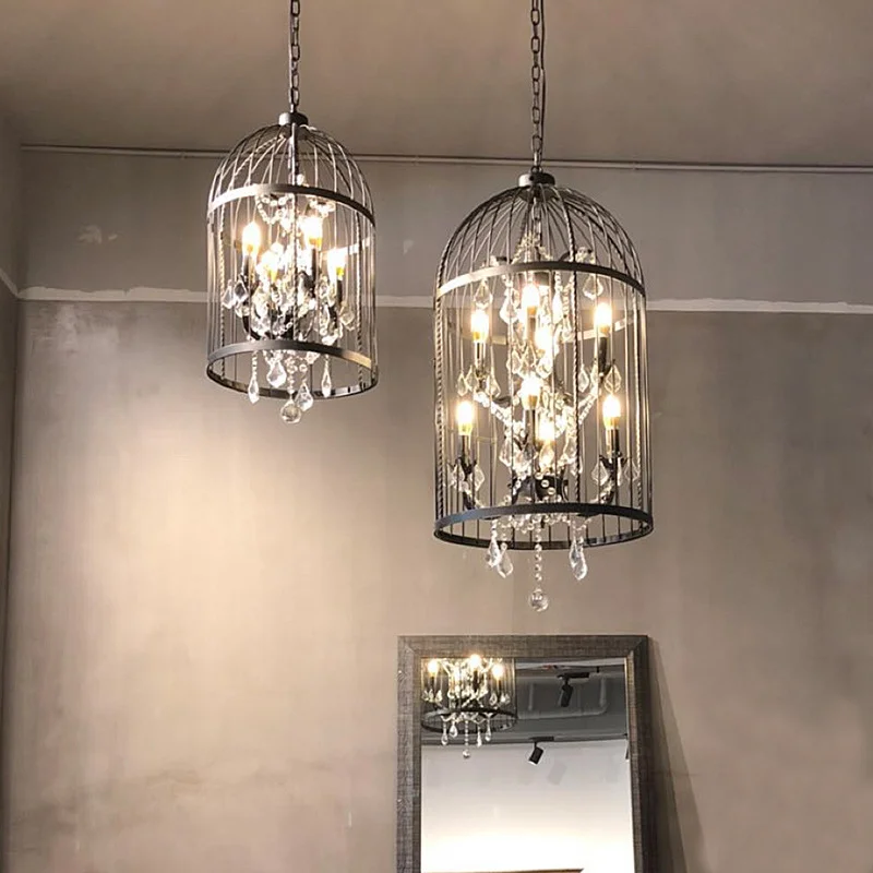Retro Wrought Iron Chandelier Rustic Orb Chandelier For Living Room Farmhouse Vintage Restaurant Crystal Bird Cage Hanging Lamp