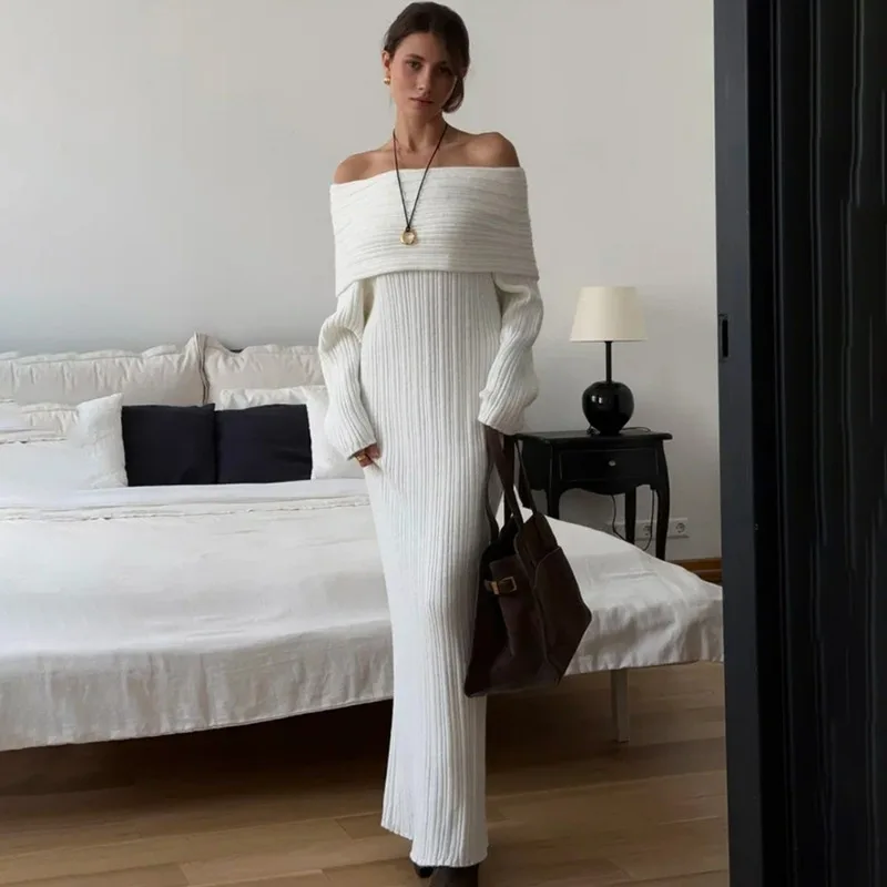 

Ticketsx Fashion Off-Shoulder Long Sleeve Knit Maxi Dress Autumn Ruched Patchwork Dress Women Elegant Party Clubwear Vestidos