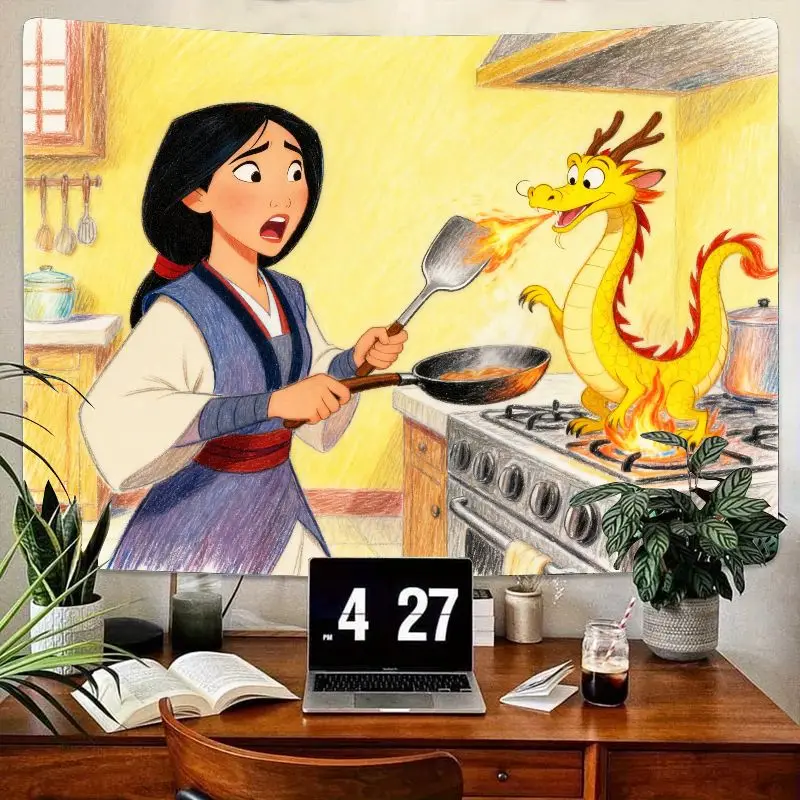 

1PC Disney Mulan Mushu Funny Cooking Tapestry, Cartoon Princess Modern Polyester Wall Art Home Decor Gift for Fans