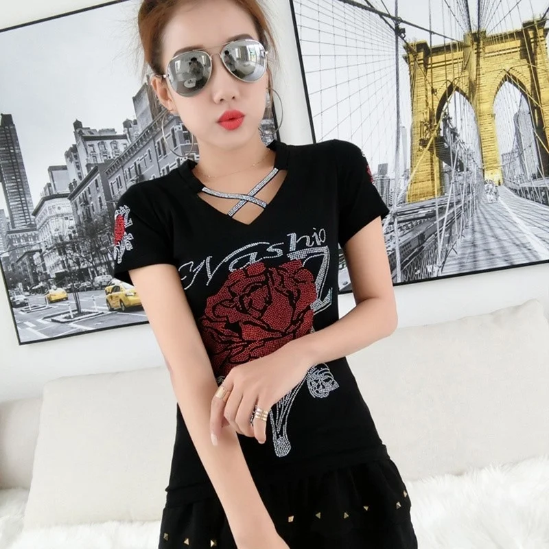 #5109 Black Streetwear Tshirt Women V-neck Flower Diamonds Sexy Hollow Out Short Sleeve T Shirt Femme Summer Basic Womens Tshirt