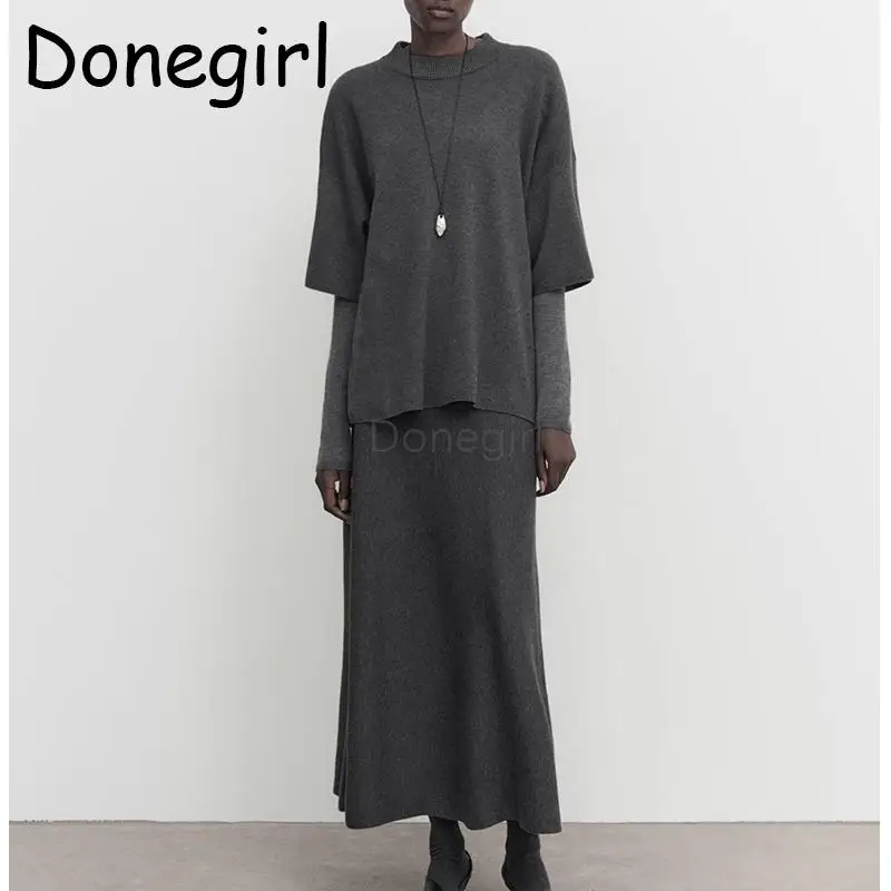 Donegirl 2024New wiosenna moda damska pół rękaw z okrągłym dekoltem, dzianinowy sweter z długim zestaw spódnic, solidny, elegancki garnitur