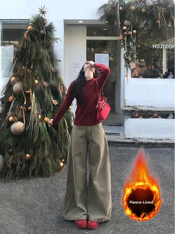 

Американские ретро-джинсы цвета хаки для женщин, весенние, свободные, прямые, широкие, длинные брюки, повседневные, с высокой талией