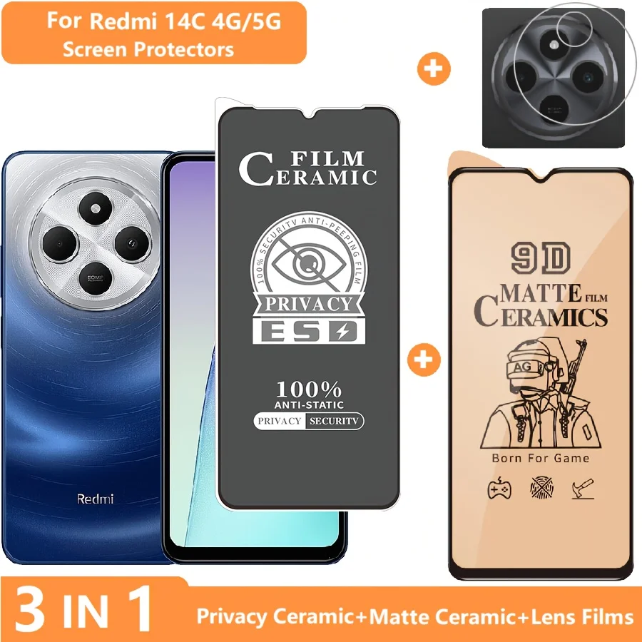

For Redmi 14c 3-in-1 Screen Protector Redmi 14C Tempered Glass Privacy Film + Lens Films + Soft Ceramic Matte Film Anti-scratch