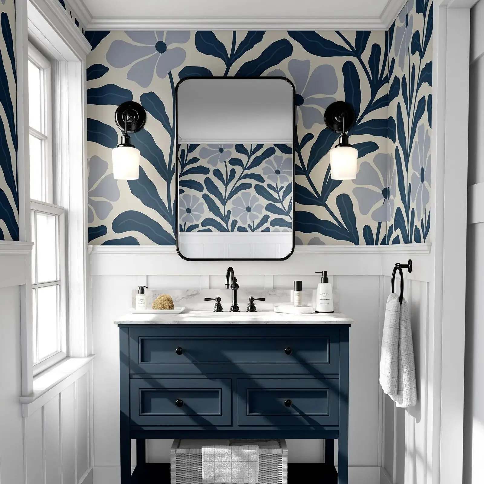 花の形をした抽象的なネイビーブルーの壁紙,家の装飾のための粘着性の壁紙,壁の芸術,カスタムサイズと色