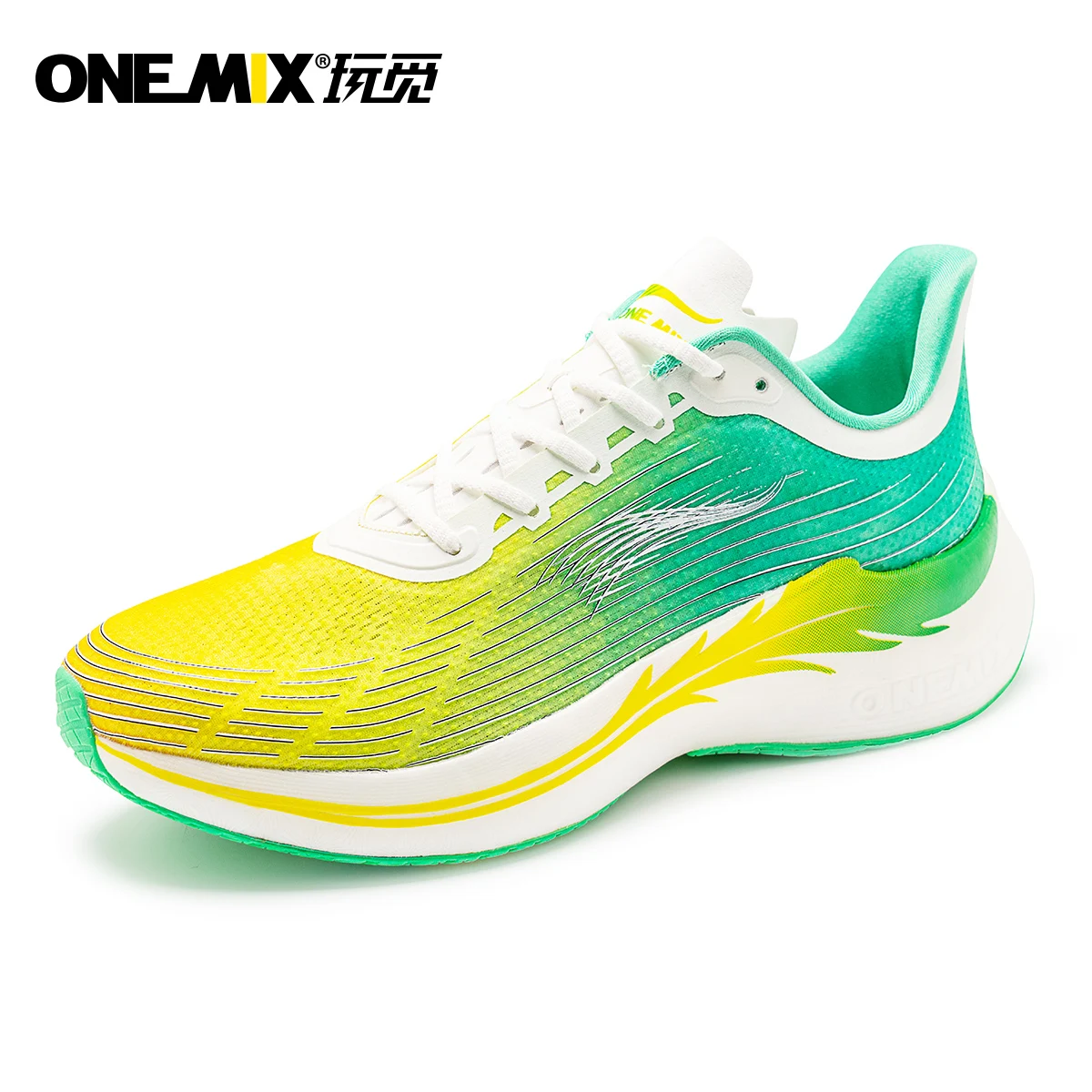 ONEMIX 2024 Marathon Men Running Shoes Green Breathable Mesh Carbon Fibre Plate Women Sneakers Lace Up Mesh Athletic Sport Shoes