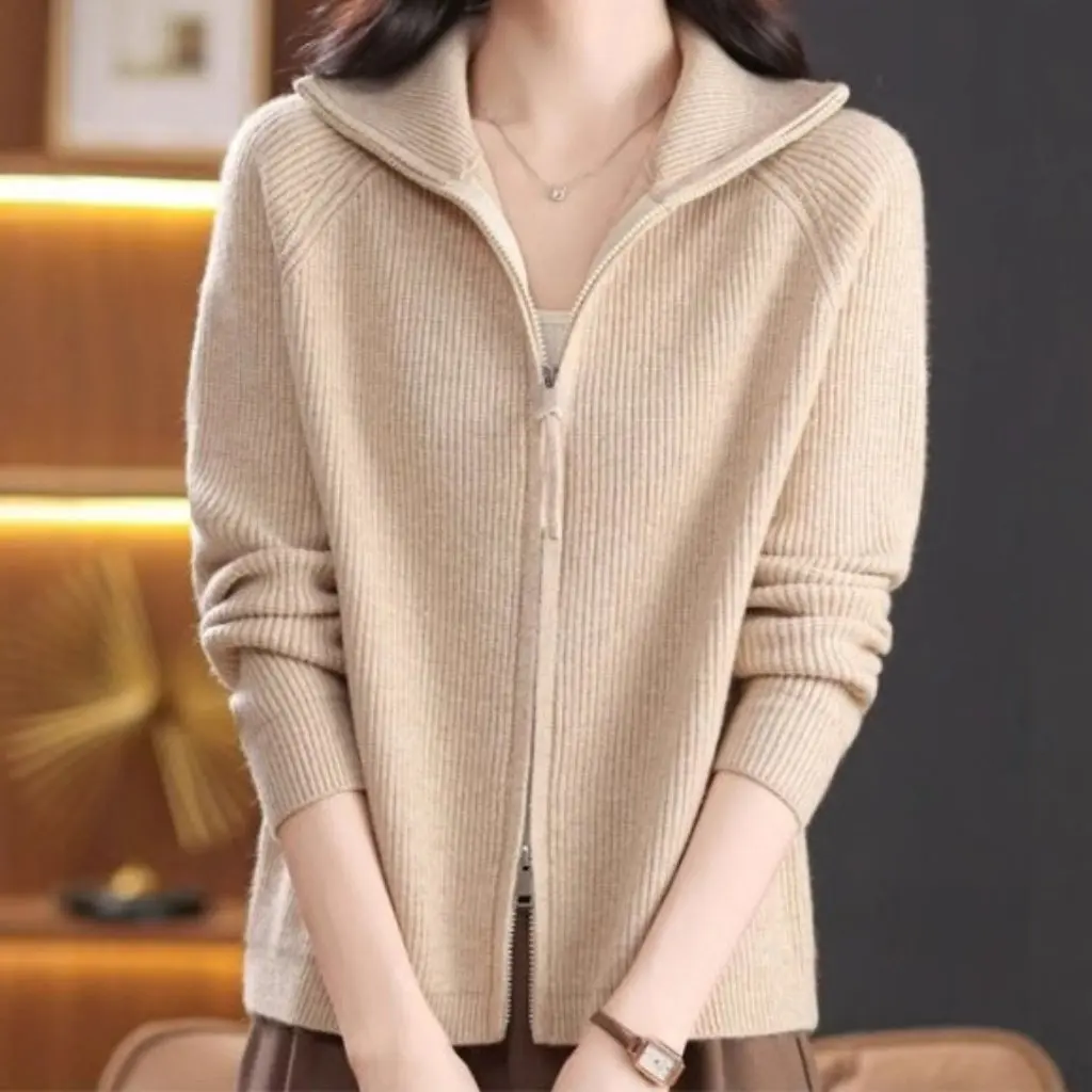 

Women's Double Zip Knitwear Cardigan Sweater Coat Small Shawl Loose Slimming Lapel Wool Top for Outer Wear