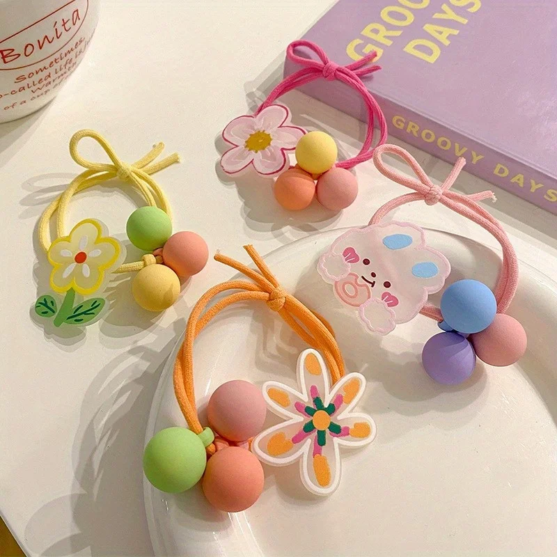5 Stück Cartoon-Haargummis, Haarbänder mit Schleife und Blume für Mädchen, niedliche Pferdeschwanz-Accessoires, Haarschlaufen und Haarschmuck für Kinder