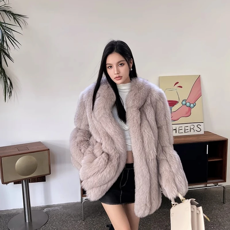 욜란페어리 가을 겨울 수입 천연 여우털 스탠드 칼라 긴팔 퍼 코트 미디엄 스타일 오버코트 고급 코트 2025