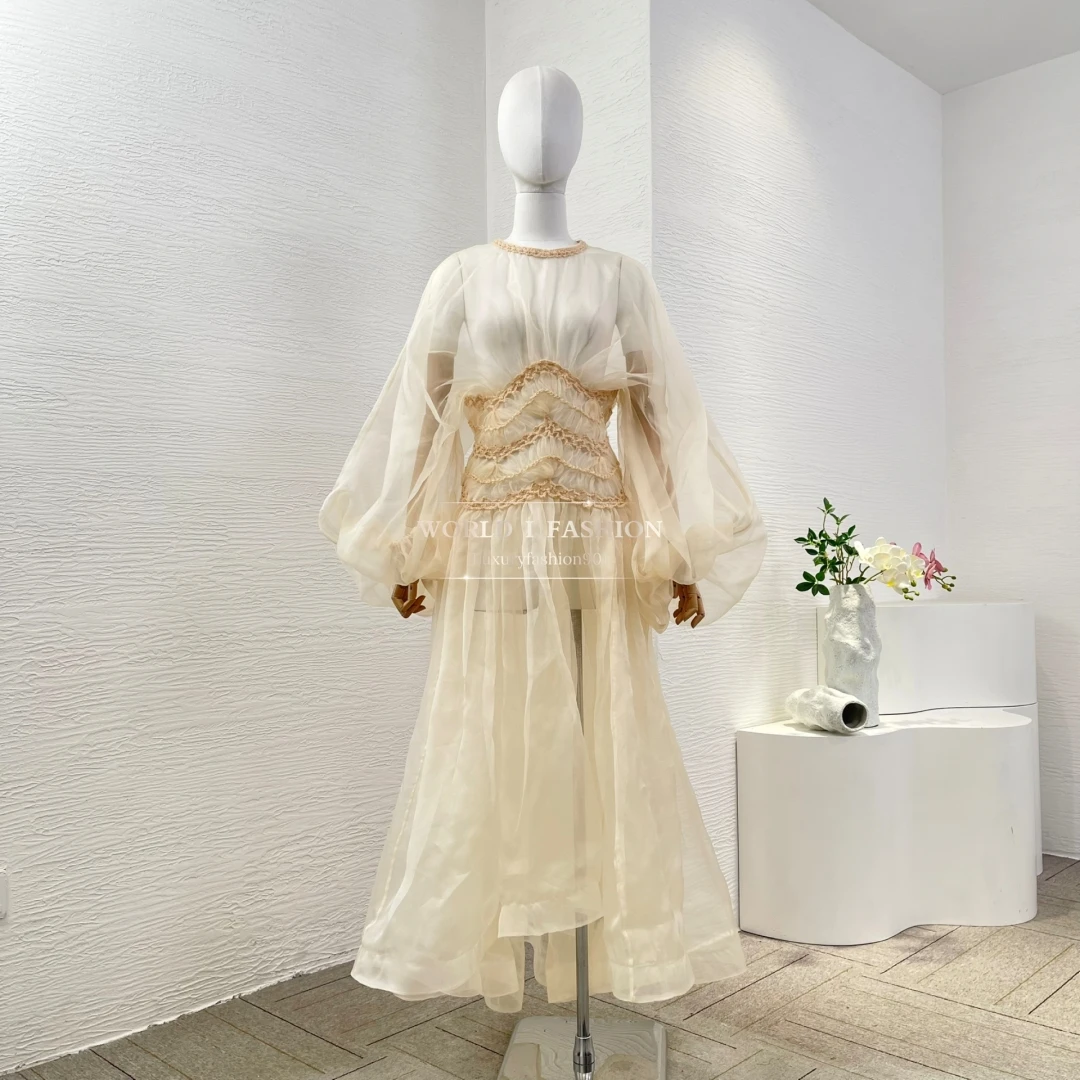 

Elegant Pure Silk 2025 Summer Holiday Collection Beach Style High Quality Full Lantern Sleeve Women Long Dress