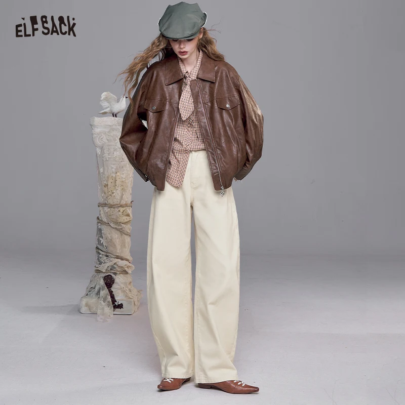 

ELFSACK 2025 Autumn New Arrivals Casual White Solid Loose Versatile Small Heart Embroidery Wide Leg Denim Pants For Woman
