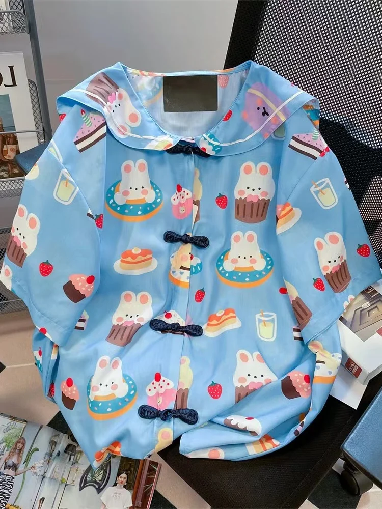 

Cute Cartoon Doll Collar Short Sleeve Shirt Women's Elegant Design Button up Top Korean Style Loose Fit Summer Fashion