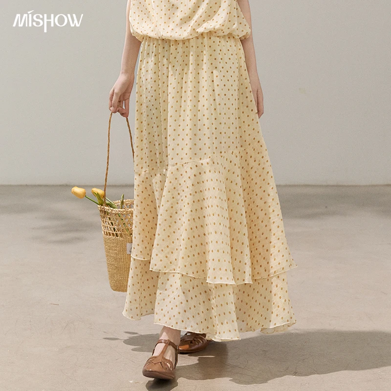 MISHOW Women's Polka Dot Ruffle Hem Maxi Skirt 2026 Summer Elastic Waist A-Line Skirts Loose Yellow Vacation Skirt MXF13B2475