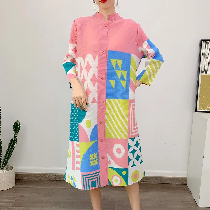 Miyake High End Dress, Elegant Spring and Autumn Dress, Women's 2024 Early New Loose Fold Printed Shirt Skirt