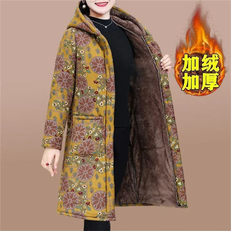 5XL Mother Winter Cotton Clothes Add Velvet Thick Warm Hooded Padded Coat Middle Aged Elderly Grandma Casual Long Parkas Jacket