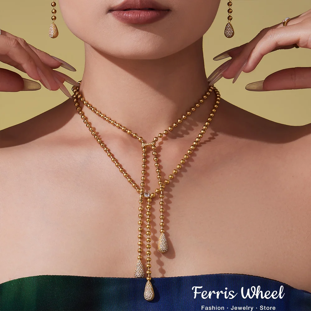 

Shiny Zircon Water Drop Pendant Necklace Women's 316 Stainless Steel Gold-Plated Beaded Chain Necklace Drop Earrings Jewelry Set