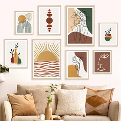 Boho Sun Line Girl Flower Rainbow Moon Vase Leaf Wall Art Canvas Painting Abstract Posters And Prints Bedroom Living Room Decor