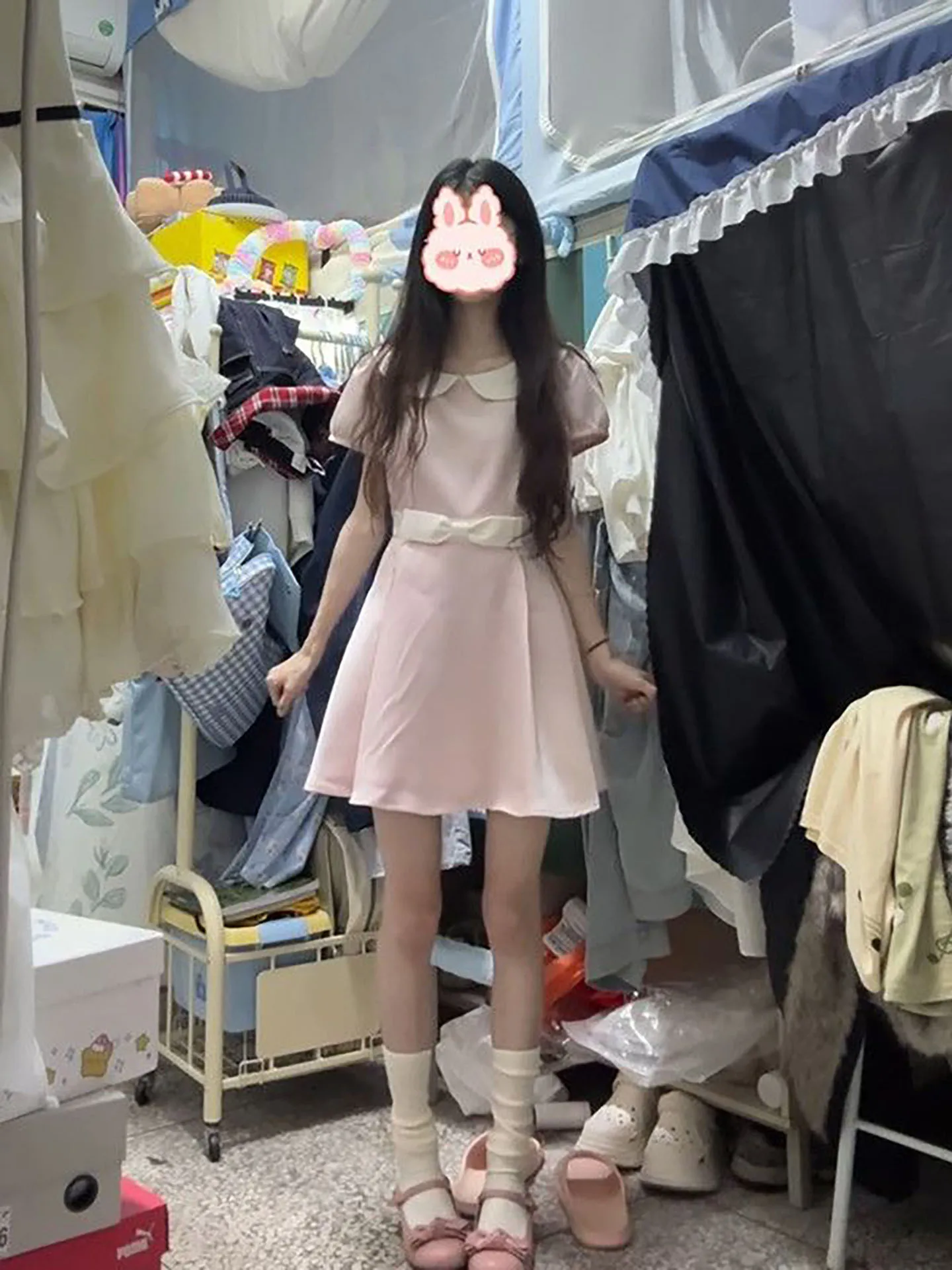 

Summer Pink Doll Collar A-Line Dress with Bow Knot Flared Skirt High Waist Slimming Puffy Princess Short Skirt College Style