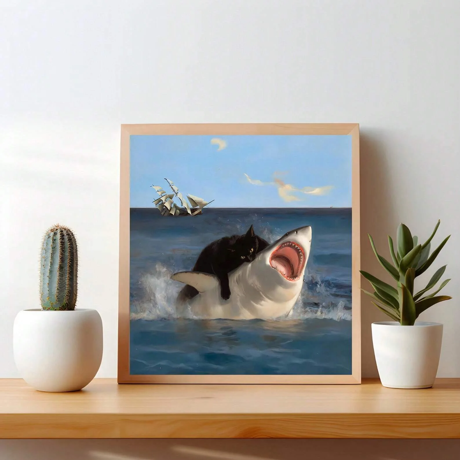 Fat cat and shark meme poster, renaissance painting style, funny cat mural, artwork wall painting, home and dorm decor