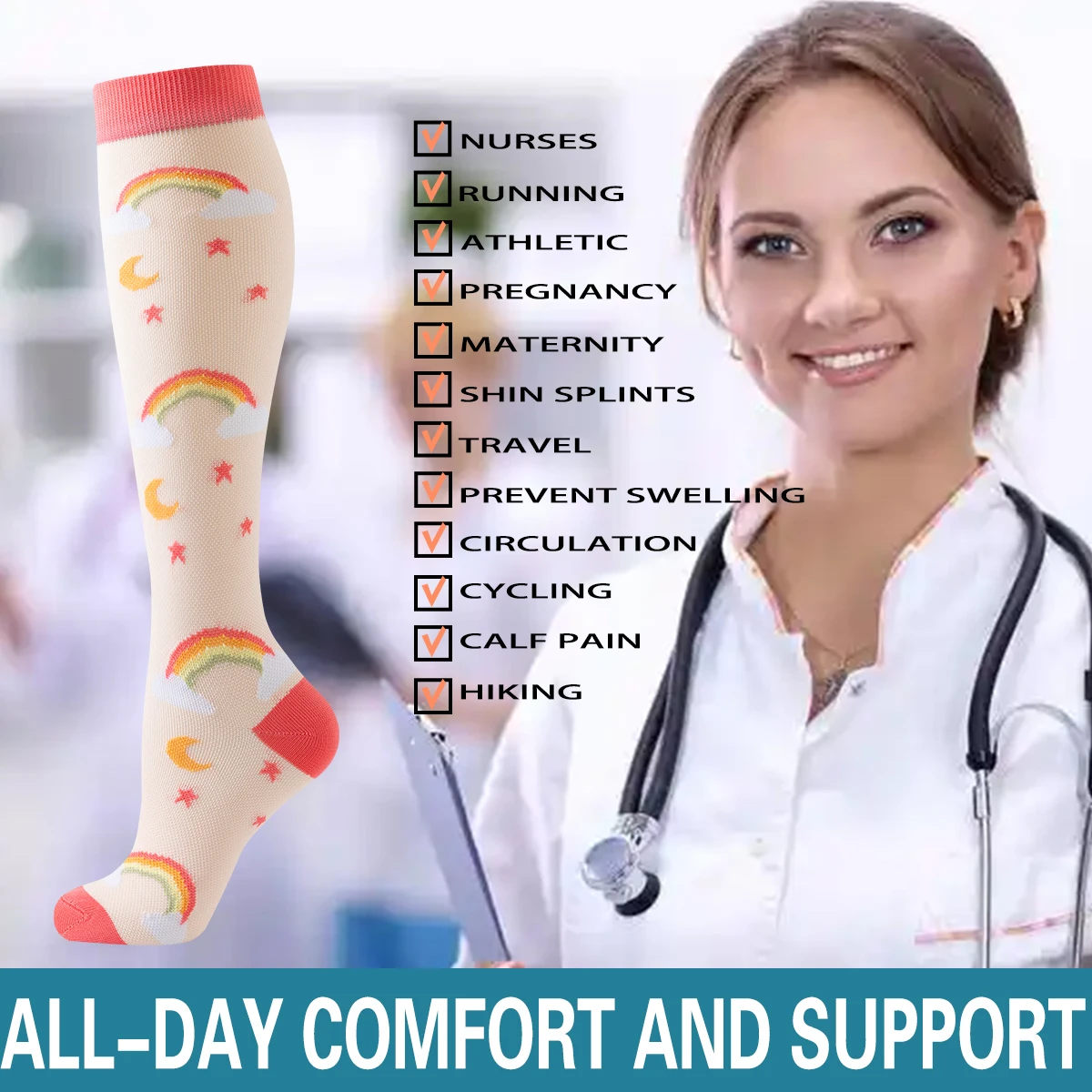 6-Paar Mond- und Stern-Kompressionssocken für Damen und Herren, medizinisch, atmungsaktiv, kniehohe Kompressionssocken, Damen, Krankenschwester-Kompressionssocken