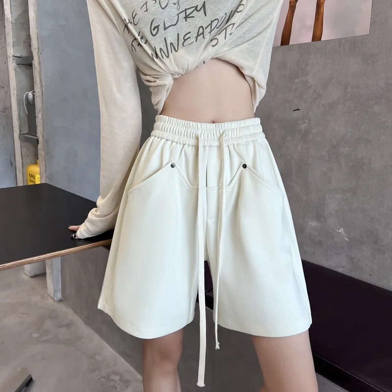 

Beige Wide-leg Pants Women's Five-minute Pants Draped Casual Straight Loose Outside Shorts Summer Clothes Women 2024