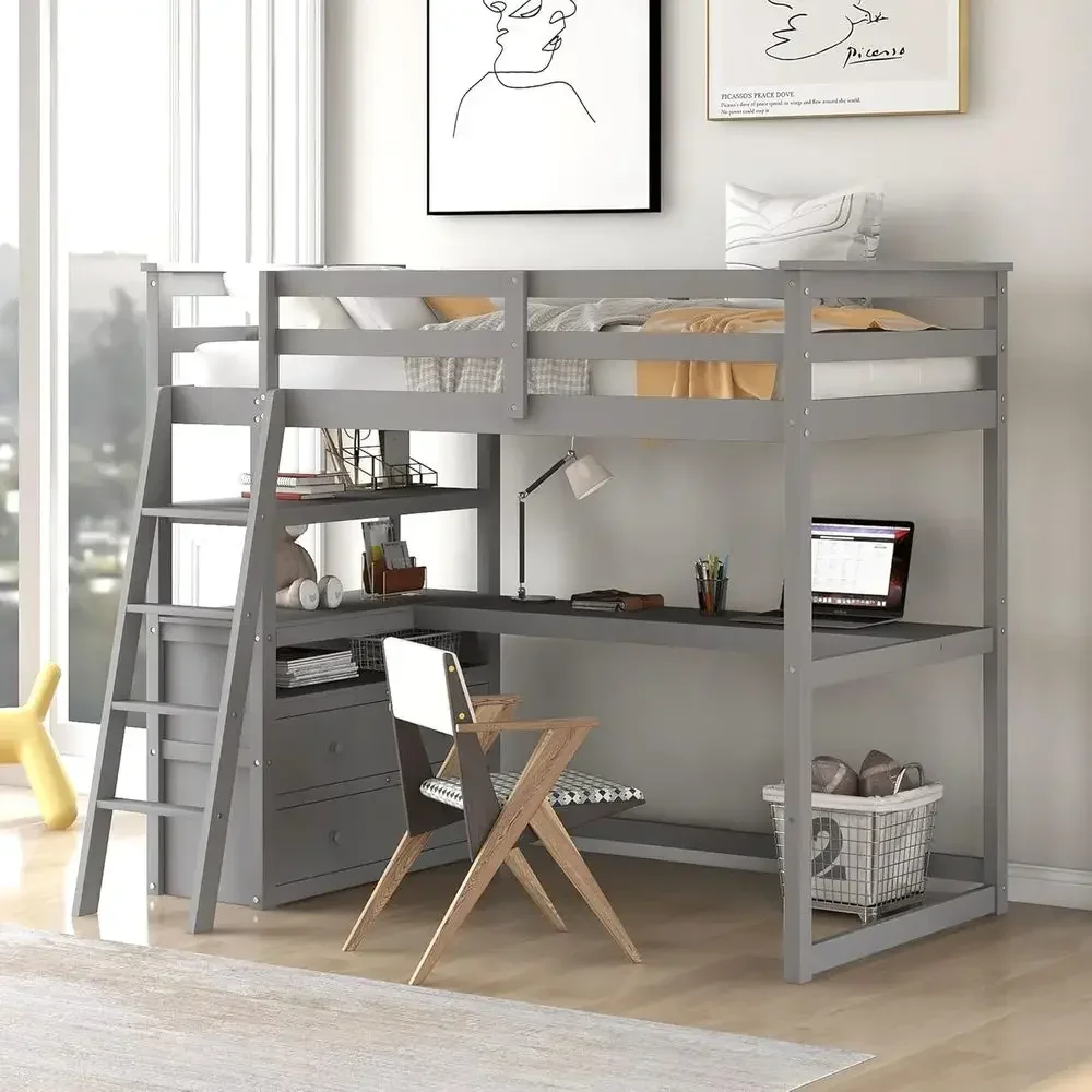 Gray Twin Size Loft Bed with Desk, Shelves, and 2 Built-in Drawers, No Box Spring Needed
