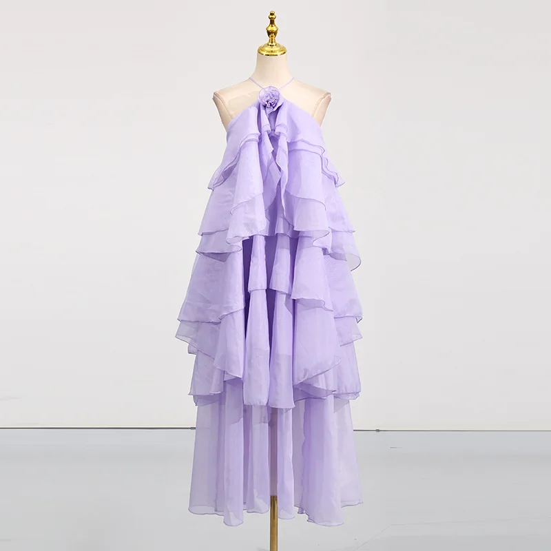 2025 verão novo vestido feminino moda pendurado pescoço sem mangas design multi camada plissado borda cinta vestido longo