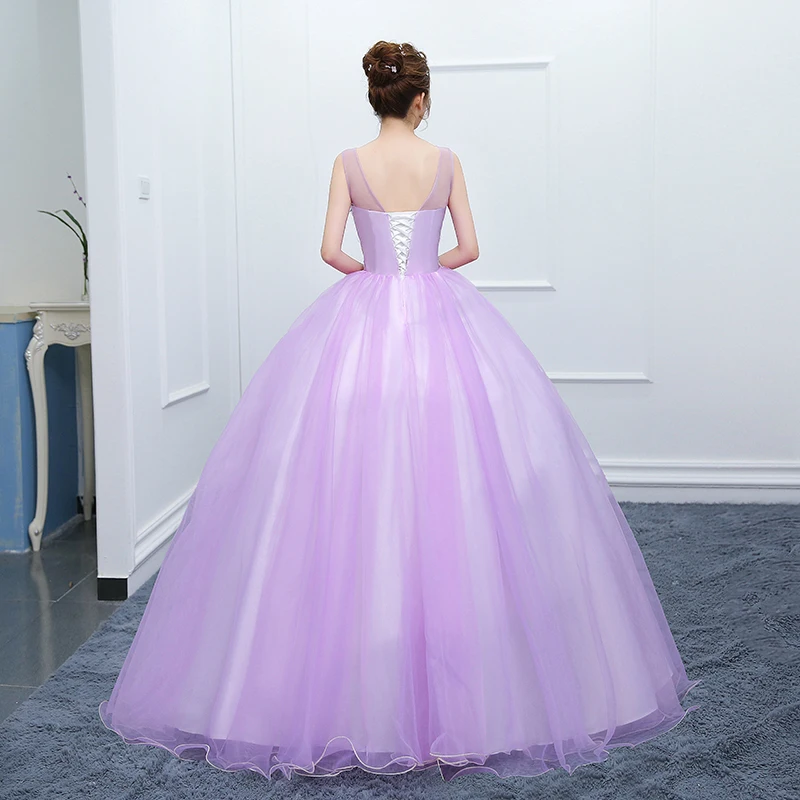 Vestido De quinceañera púrpura sin mangas, Vestido largo hasta el suelo, Vestido De baile De tul Floral, cuello redondo clásico, nuevo