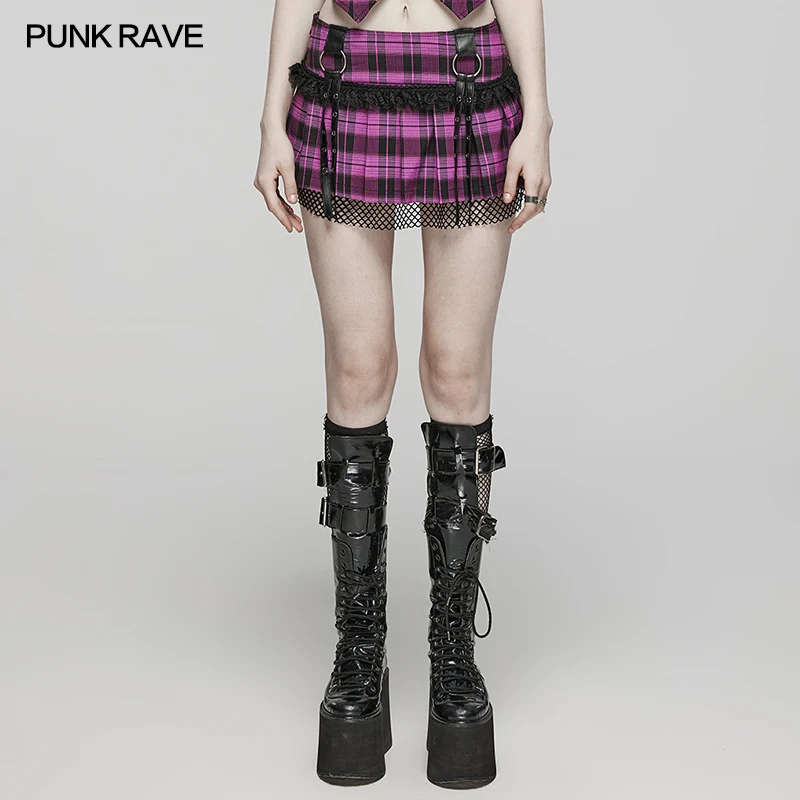 PUNK RAVE Women's Sweet Punk Pleated Skirt Cool Hot Girl Pretty Cute Lace Mini Skirts Two Colors Spring/summer