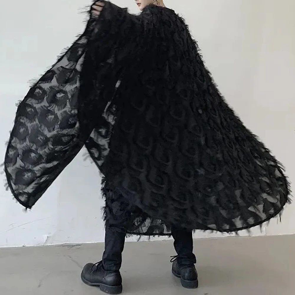 Dark Knee-Length Long Cloak 2023 Autumn New Nightclub Party Performance Clothing Youth Trend Loose Solid Casual Feather Cloak