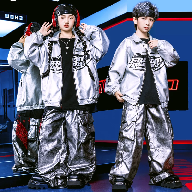 Fashion Hip Hop Design Teenager Silver Colored Clothing for A Child Stage Performance Costume Boy Girl Rapper Dance Outfit Set