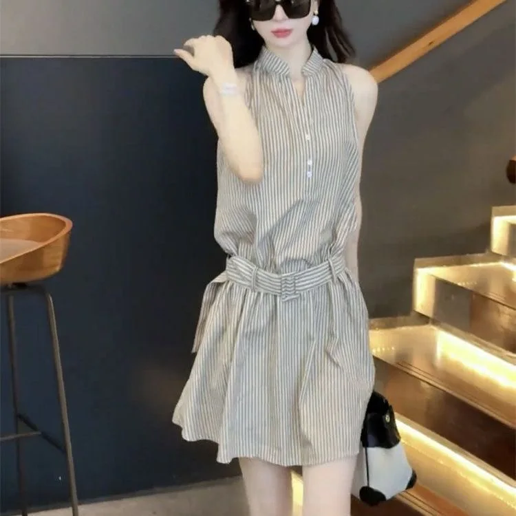 Summer 2026 Women's Sleeveless Dress Neck Hanging Waist Cinching Stripe Design Fashion Short Skirt Slimming Effect Korean Style