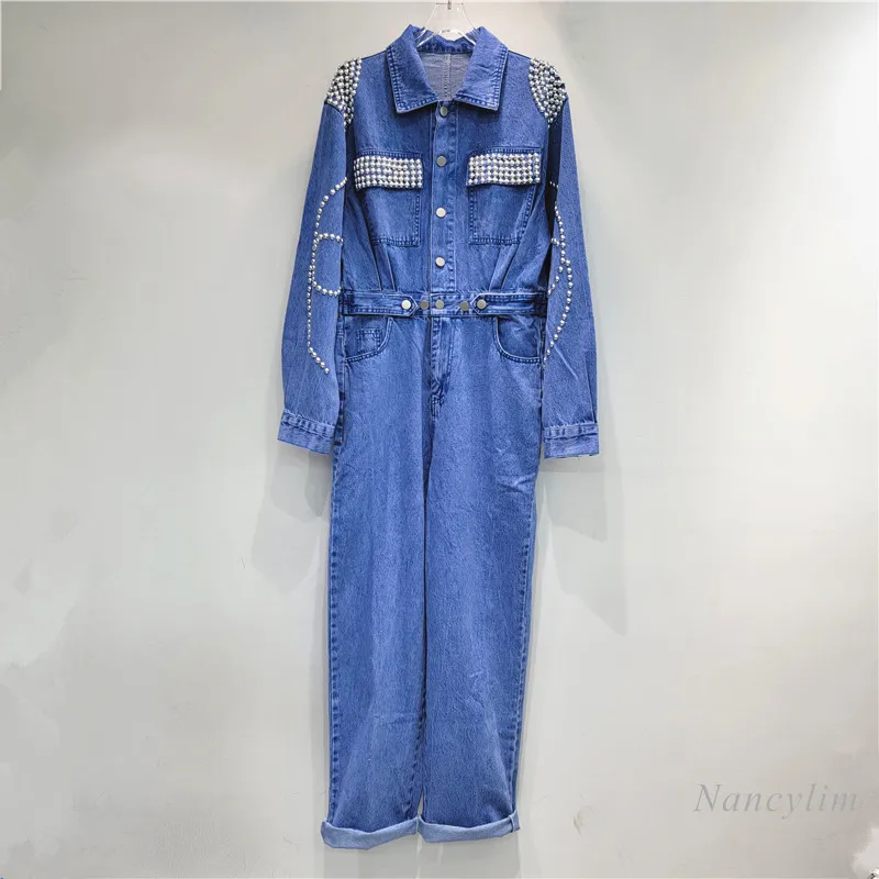 European Street Jean Jumpsuits Woman 2024 Autumn New High-Grade Pocket Beaded Waist Slimming Washed Denim Jumpsuit