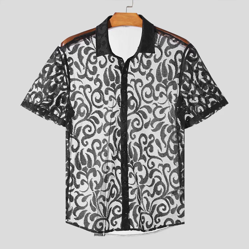 2024 Heren Shirt Kanten Revers Korte Mouw Transparante Zomer Kleding Fitness Streetwear Mode Feest Hemdje S-5XL Incerun