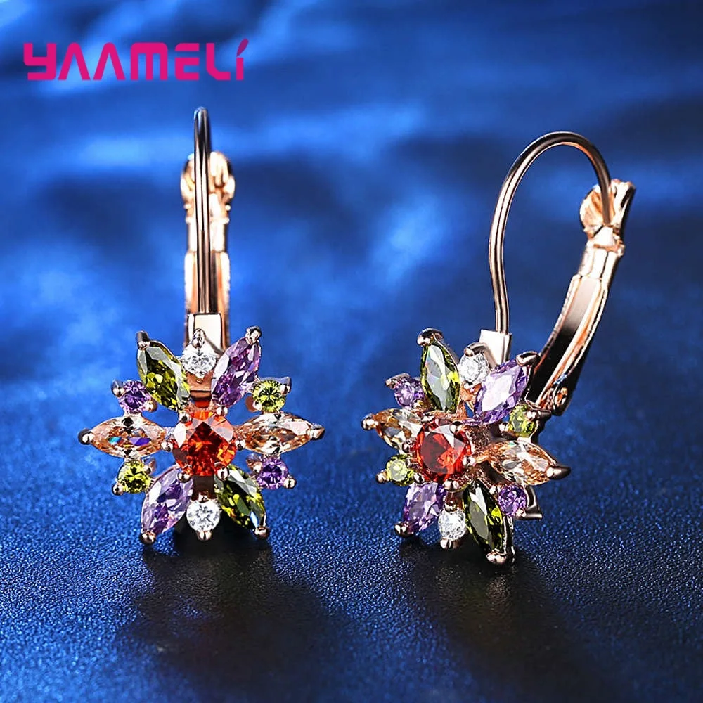 Trendy Colorful Crystal Leaves Inlaid Rhinestone Flower Golden 925 Sterling Silver Drop Earrings For Women Wedding Party Jewelry