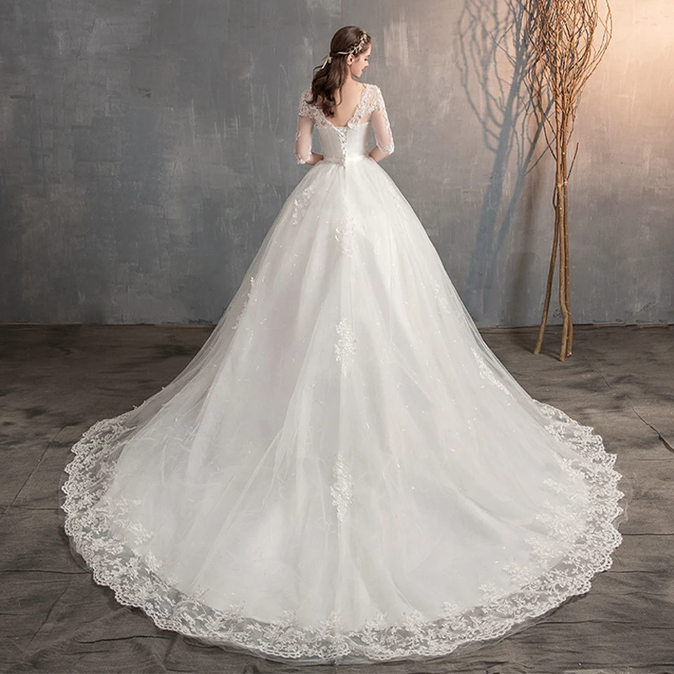 Personalizado 2025 com decote em v elegante casamento para mulheres tribunal trem tule rendas apliques mangas compridas vestido de noiva novia