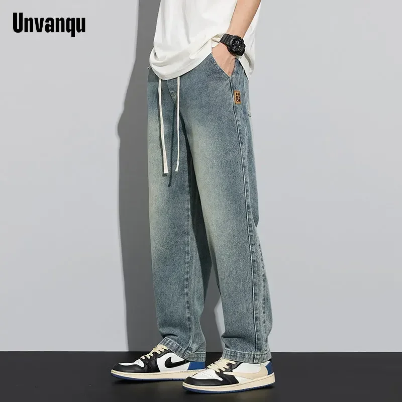 

UNVANQU 2023 Jeans Man Clothes Straight Baggy Wide Leg Casual Oversize Pants Vintage Korean Streetwear Drawstring Trousers Denim