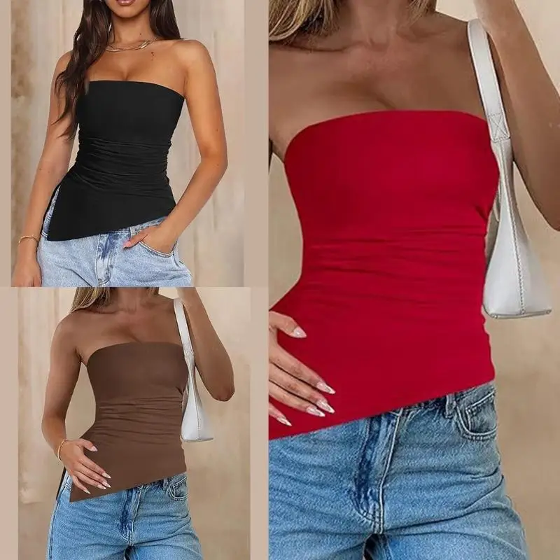 F42F STRAPLING RUCHED TUP TOP TOP للنساء الجانبي الشق المركبة
